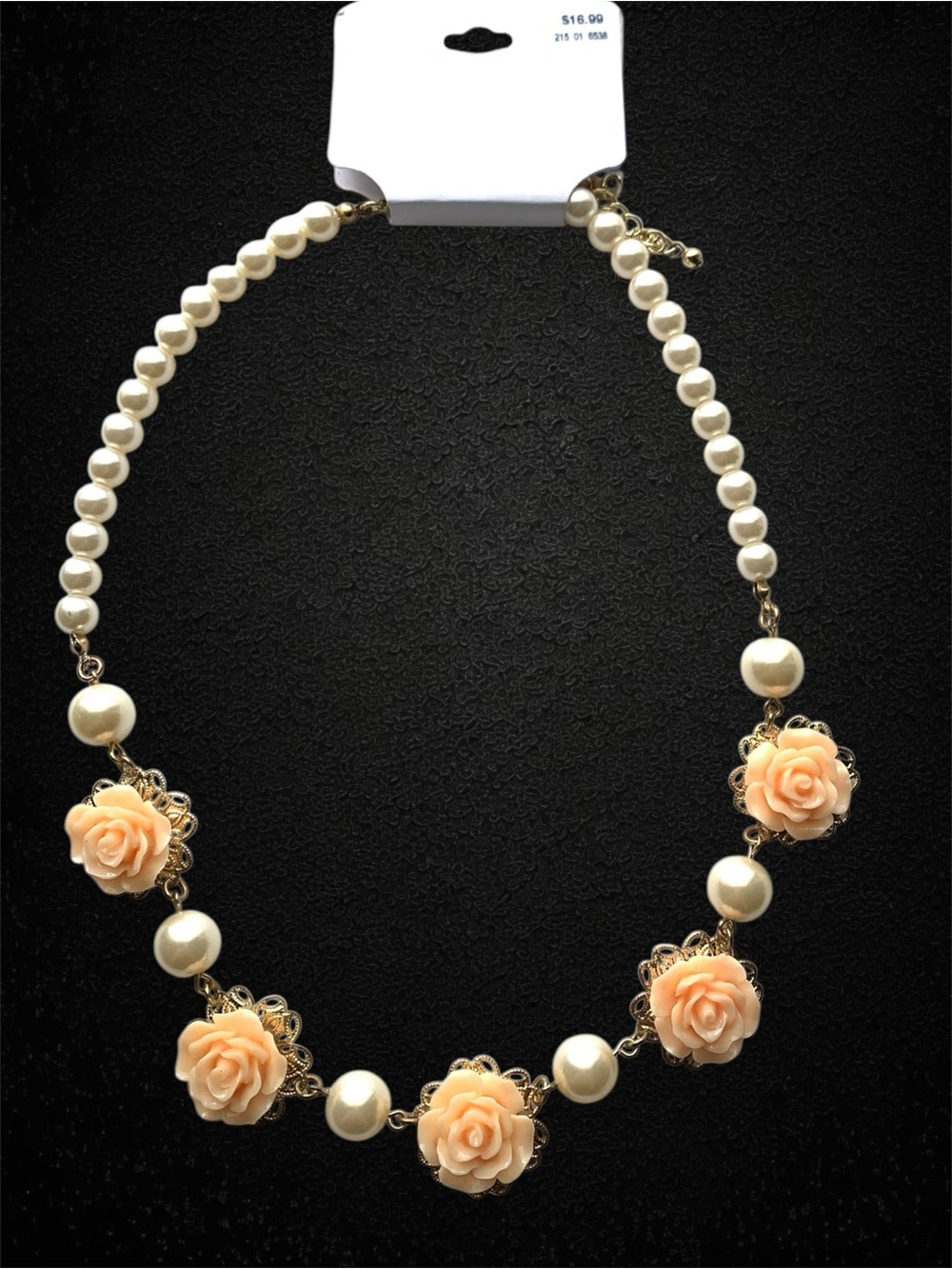 Pearl Necklace with Peach Rose Accents - Women Jewelry